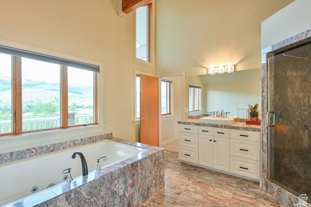 Bathroom featuring vanity, a whirlpool tub, a wealth of natural light, and a shower stall