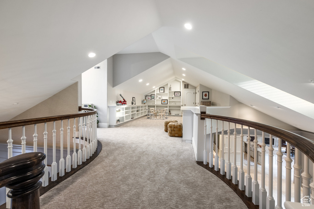 Bonus room featuring carpet, vaulted ceiling, visible vents, and recessed lighting