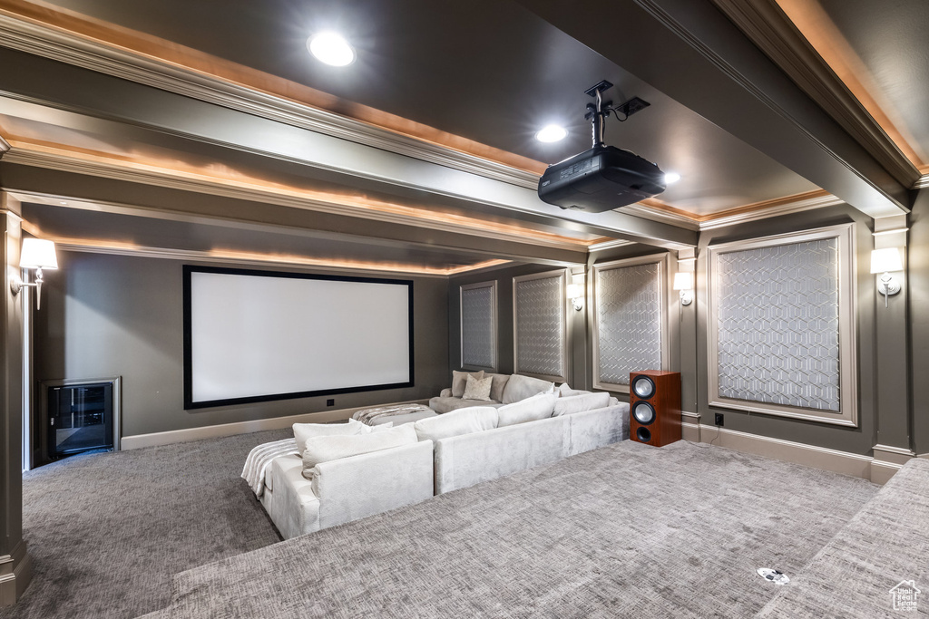 Carpeted cinema featuring ornamental molding, baseboards, recessed lighting, and decorative columns