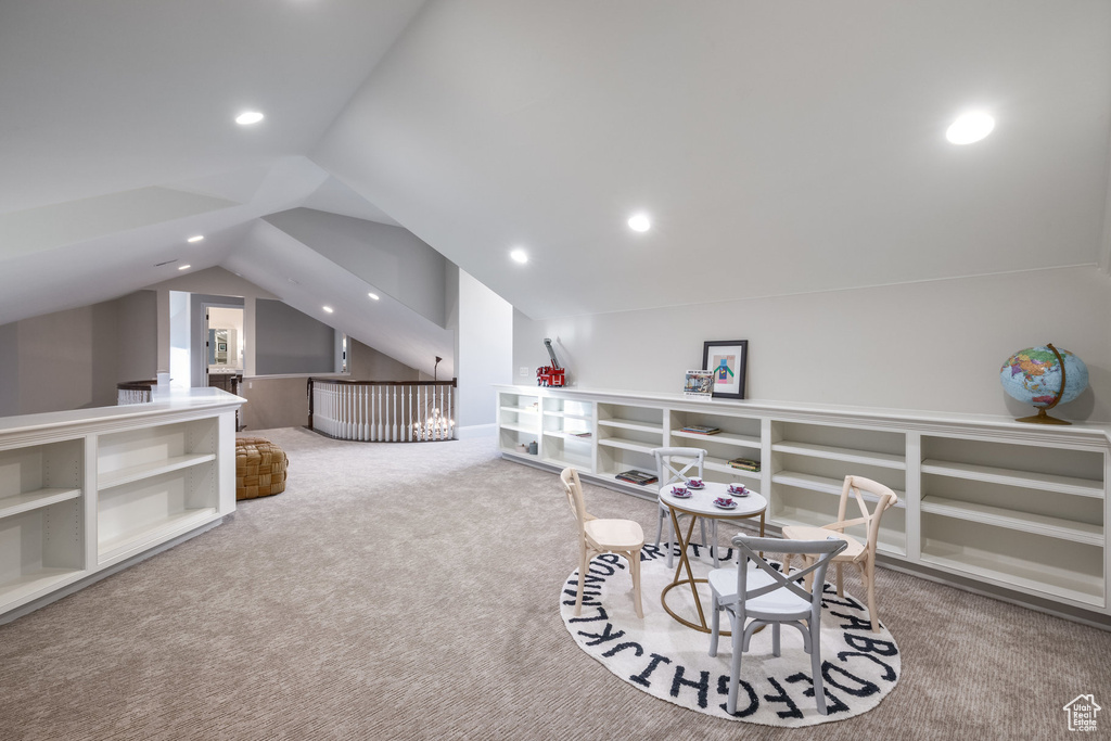 Game room featuring lofted ceiling, recessed lighting, and carpet