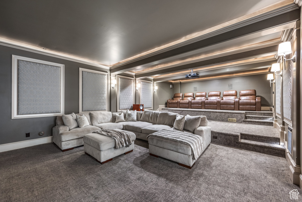 Home theater with carpet flooring and crown molding