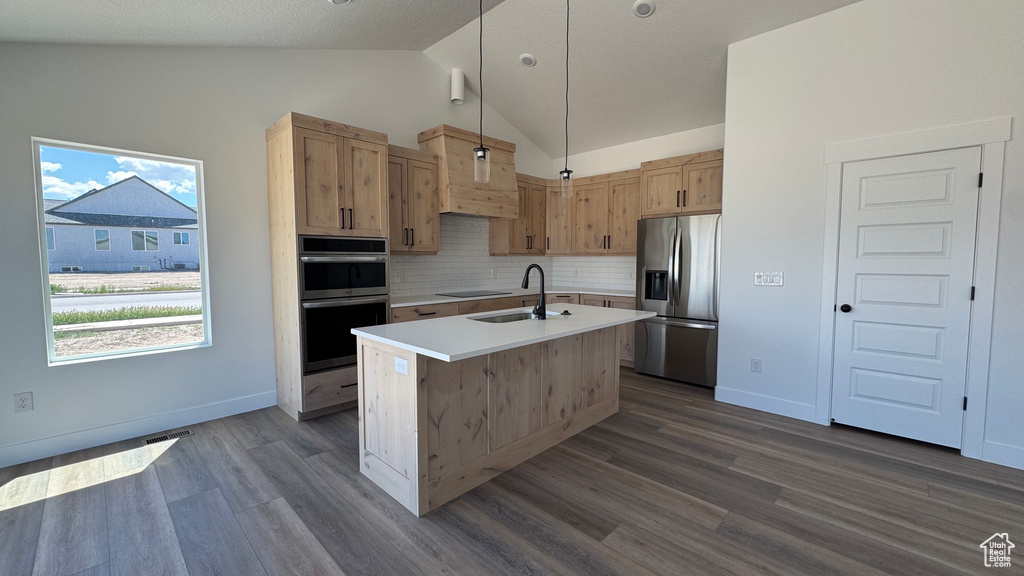 Kitchen featuring appliances with stainless steel finishes, a sink, backsplash, vaulted ceiling, and dark wood-type flooring