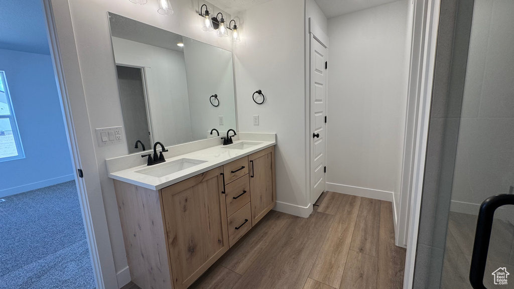 Bathroom with wood finished floors, baseboards, and double vanity