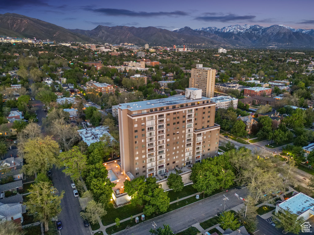Aerial view at dusk of a mountain view