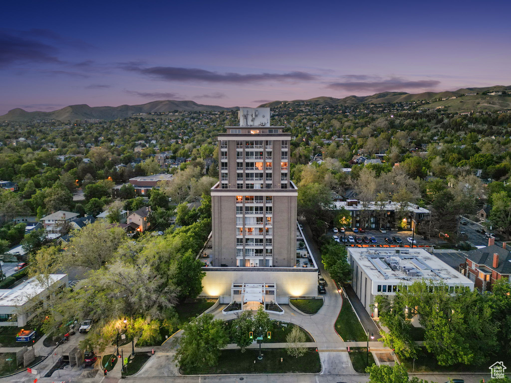 Aerial view at dusk of a mountain view