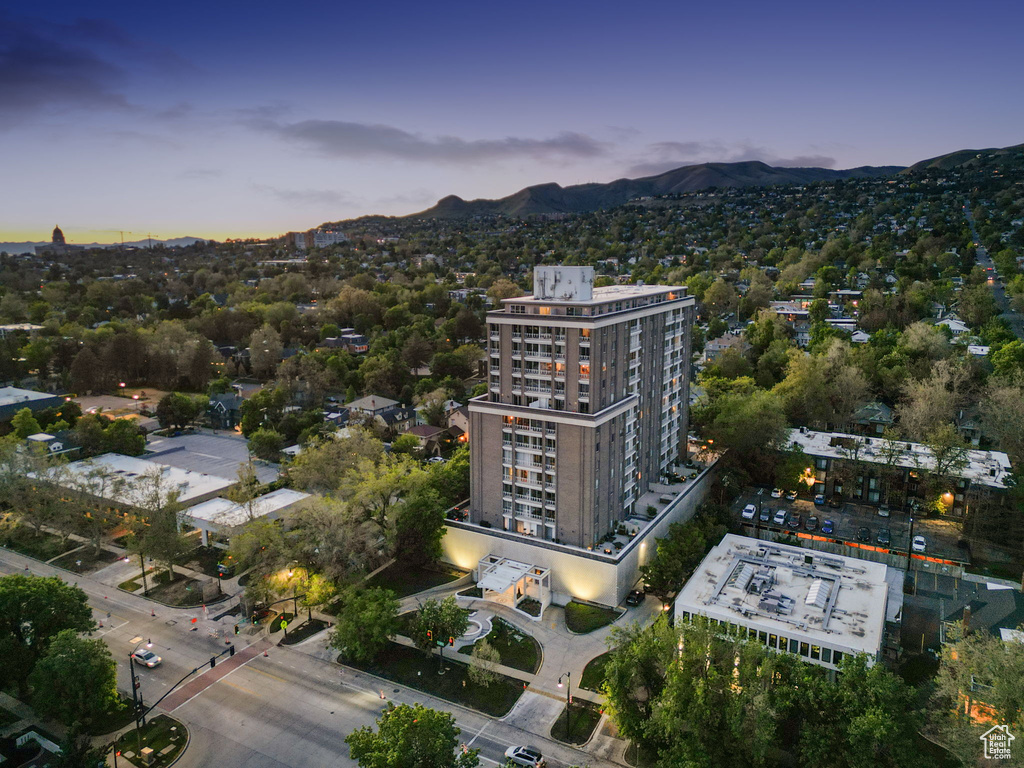 Aerial view at dusk of a mountain view