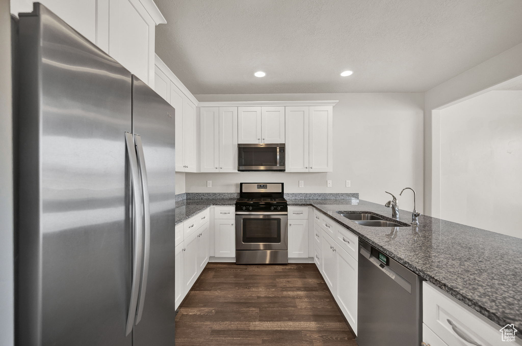 Kitchen with recessed lighting, dark wood-style flooring, a sink, stainless steel appliances, and white cabinets