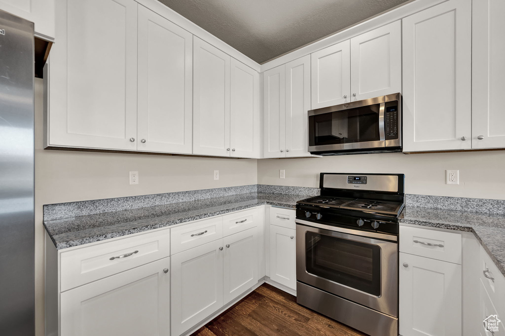Kitchen featuring white cabinetry, stainless steel appliances, and dark wood-type flooring
