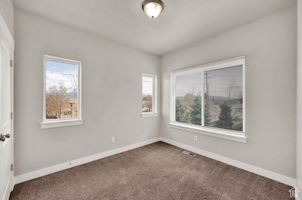 Carpeted spare room featuring baseboards, a healthy amount of sunlight, and visible vents