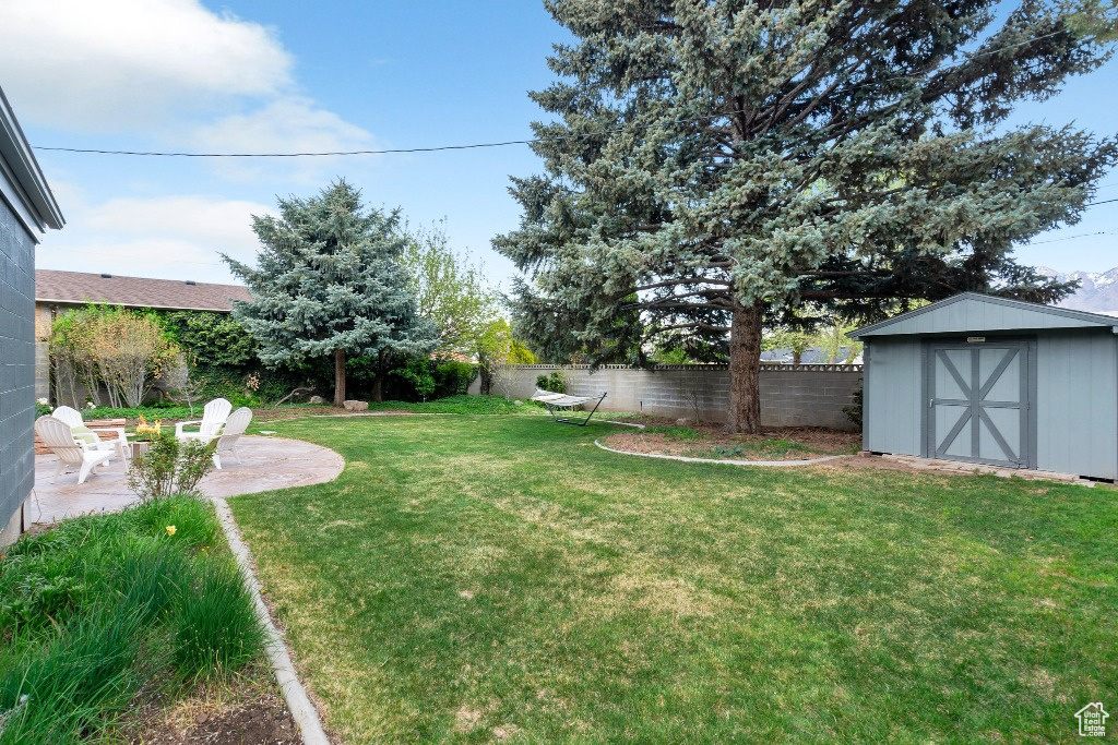 View of yard with a fenced backyard, a patio area, a shed, and an outbuilding