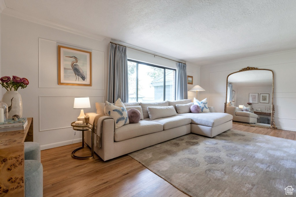 Living room featuring a textured ceiling, baseboards, and light wood-type flooring