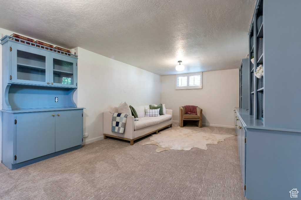 Living area featuring baseboards, light colored carpet, and a textured ceiling