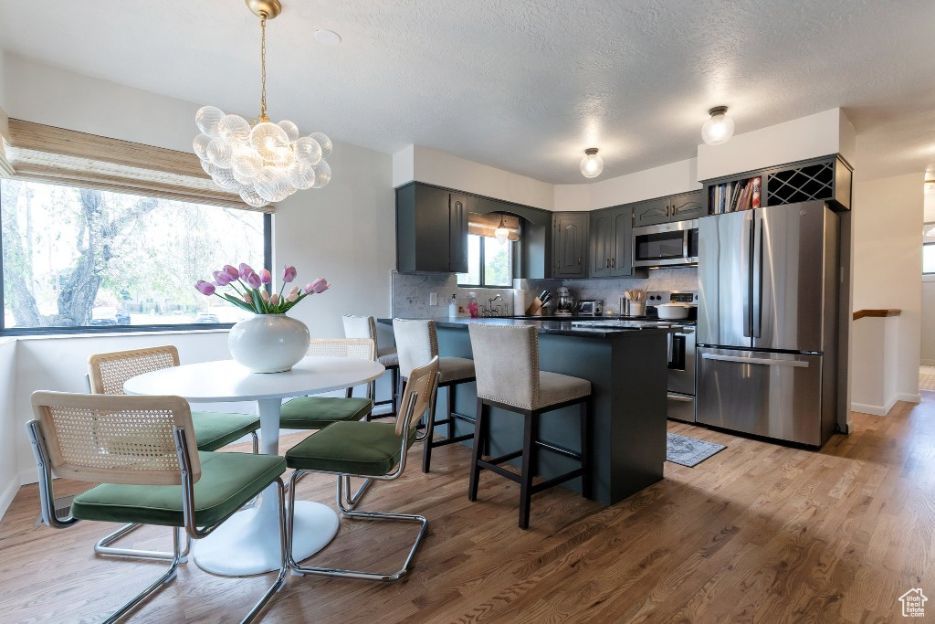 Kitchen featuring a peninsula, appliances with stainless steel finishes, backsplash, a notable chandelier, and light wood-style floors