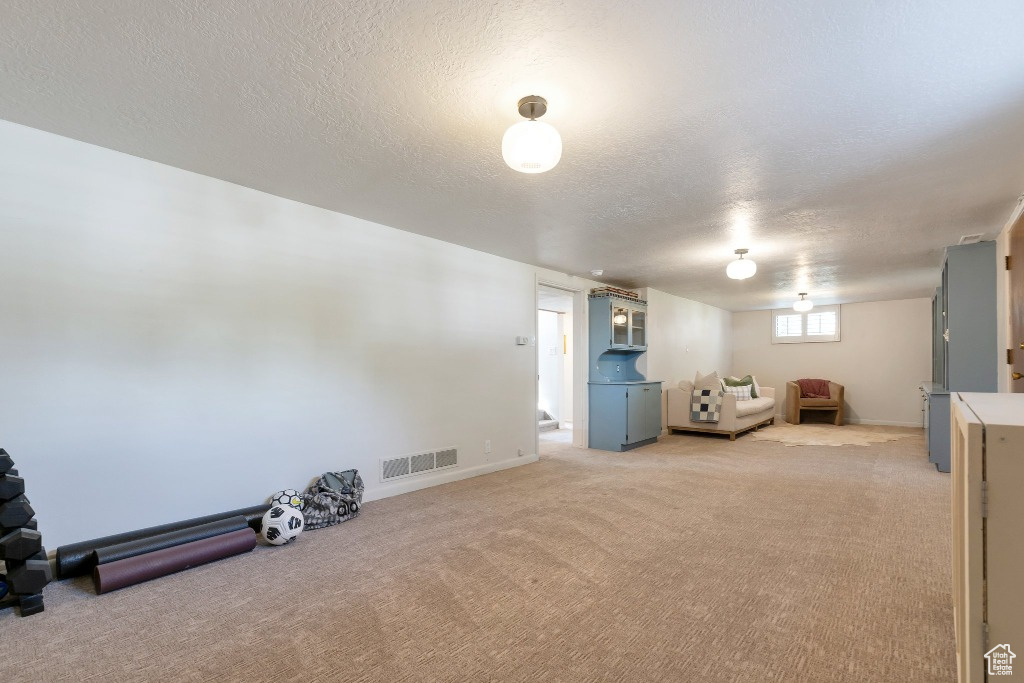 Basement with light carpet, a textured ceiling, and visible vents