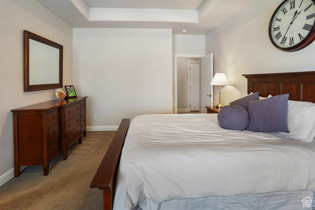 Carpeted bedroom with a tray ceiling and baseboards