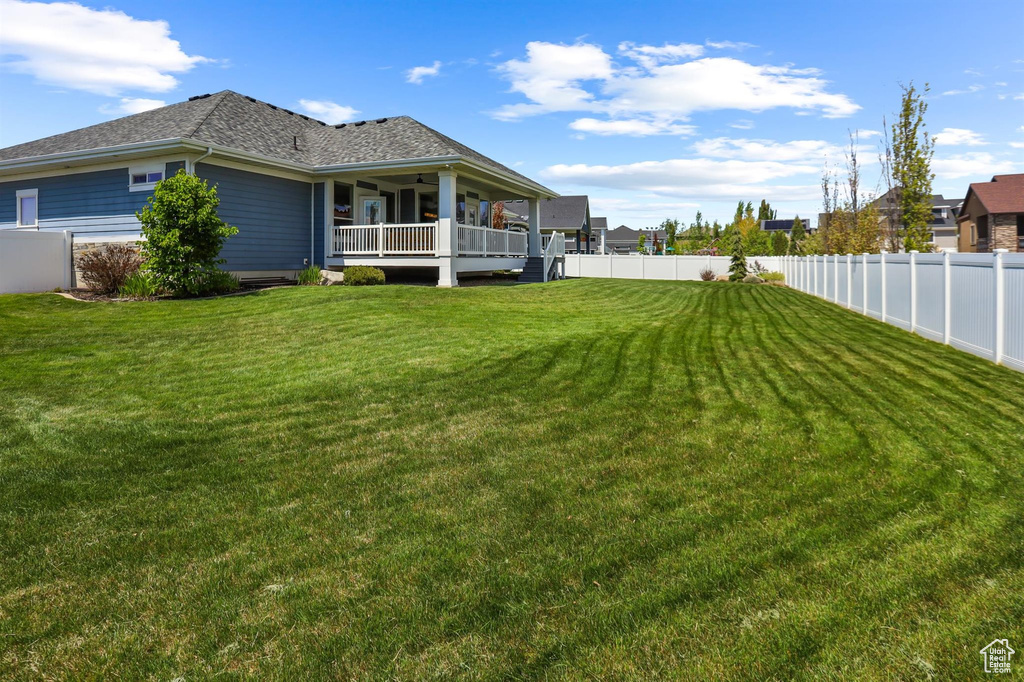 View of yard featuring a fenced backyard and ceiling fan