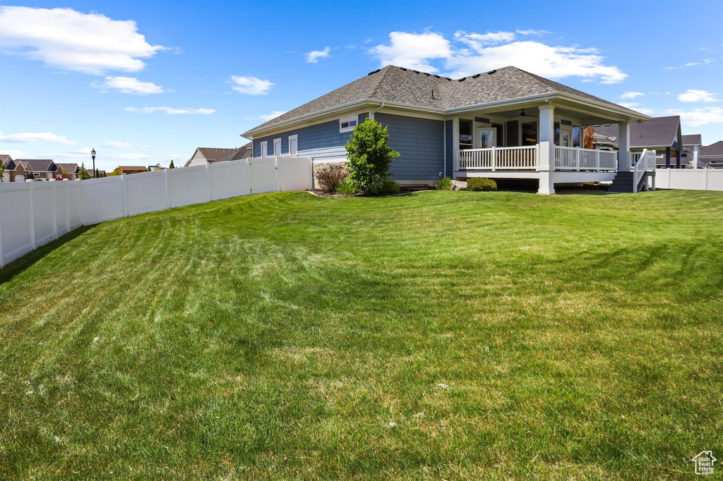 View of yard featuring a fenced backyard and ceiling fan