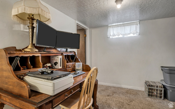 Office area featuring a textured ceiling, carpet floors, and baseboards