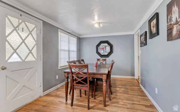 Dining area featuring ornamental molding, baseboards, and light wood-type flooring