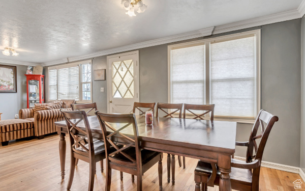 Dining space with baseboards, ornamental molding, and light wood-style flooring