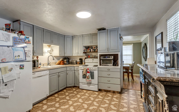 Kitchen with white appliances, light countertops, a sink, and gray cabinets