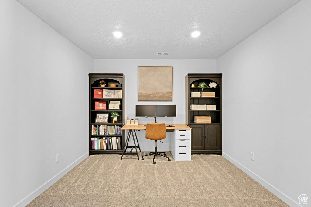 Office featuring baseboards, recessed lighting, carpet flooring, and visible vents