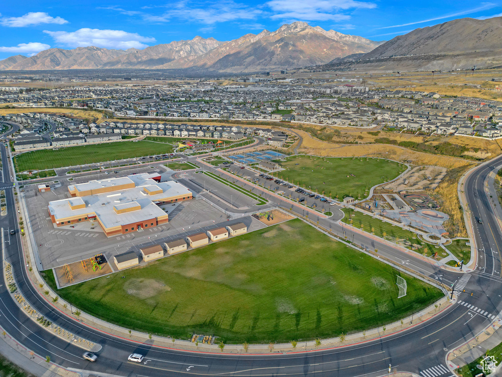 Aerial view featuring a mountain view and a residential view