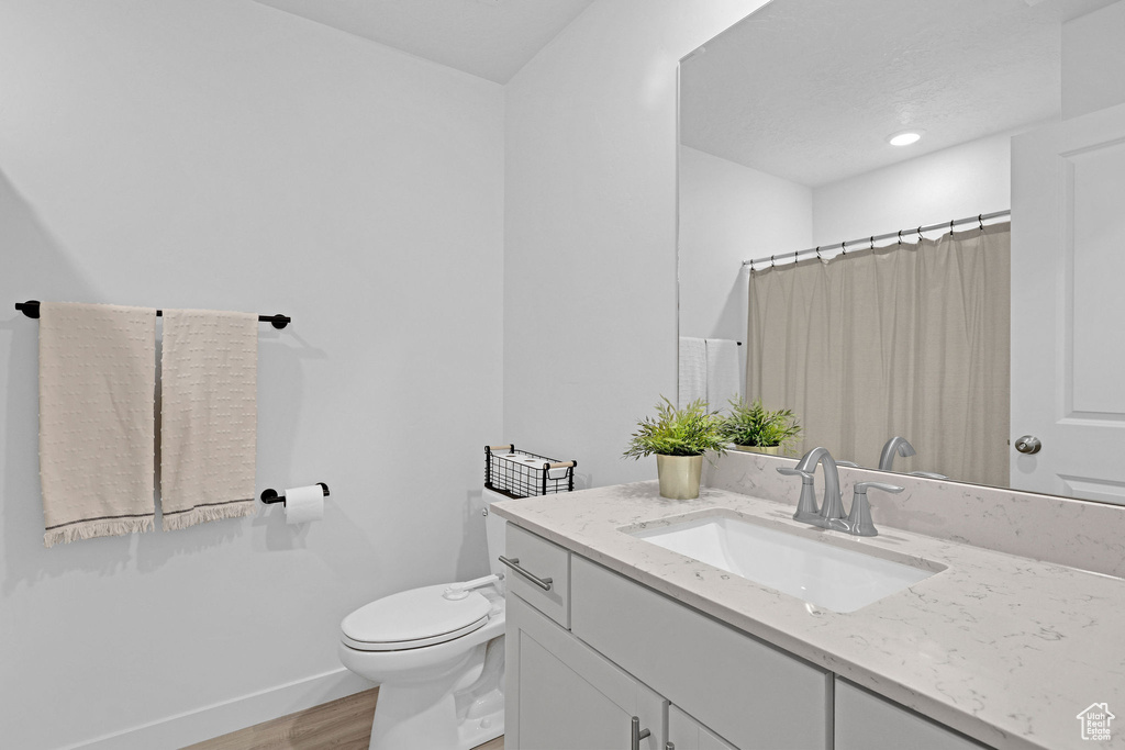 Bathroom featuring toilet, wood finished floors, a shower with curtain, baseboards, and vanity