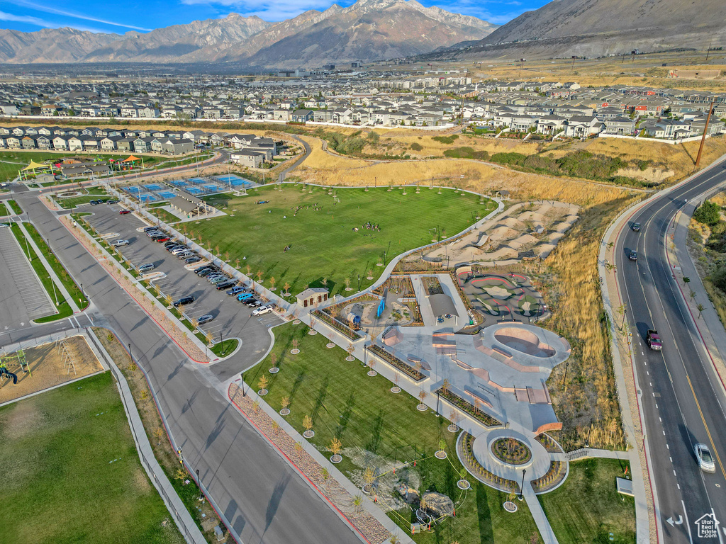 Drone / aerial view featuring a mountain view and a residential view
