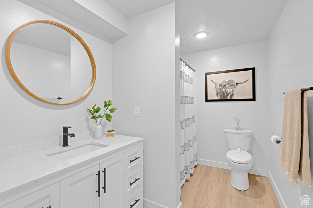 Bathroom featuring toilet, wood finished floors, vanity, a textured ceiling, and baseboards