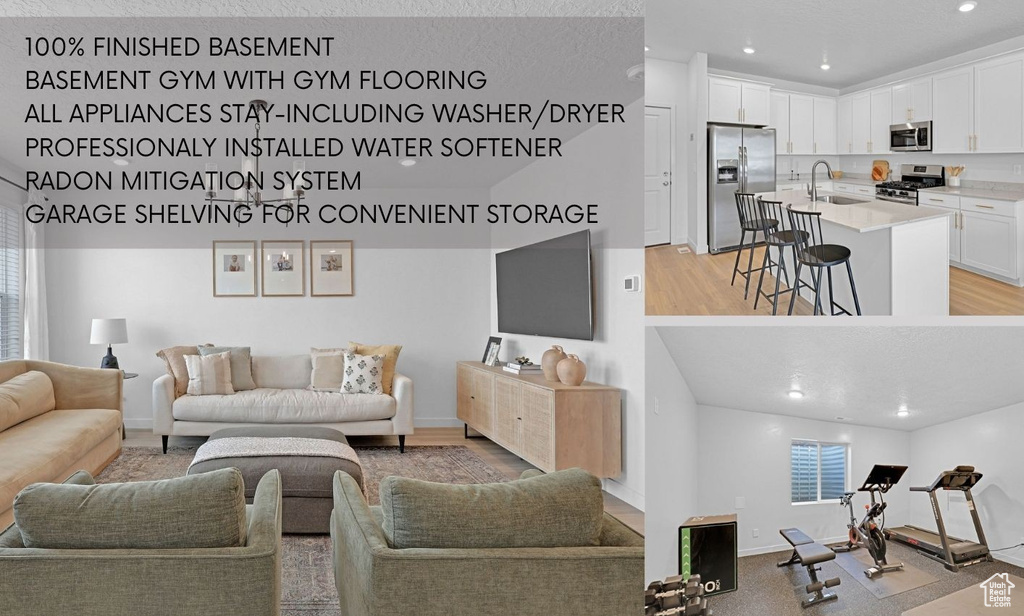 Living area featuring light wood finished floors, baseboards, and recessed lighting