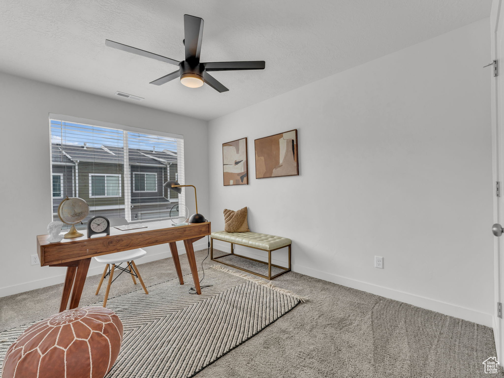 Home office with carpet flooring, visible vents, and baseboards