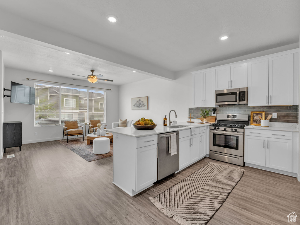 Kitchen featuring a sink, a peninsula, open floor plan, backsplash, and stainless steel appliances
