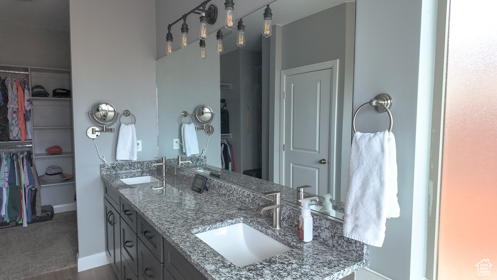 Bathroom featuring double vanity, baseboards, a spacious closet, and a sink