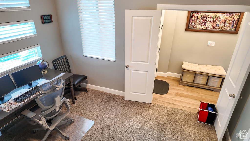 Office area featuring baseboards and carpet flooring