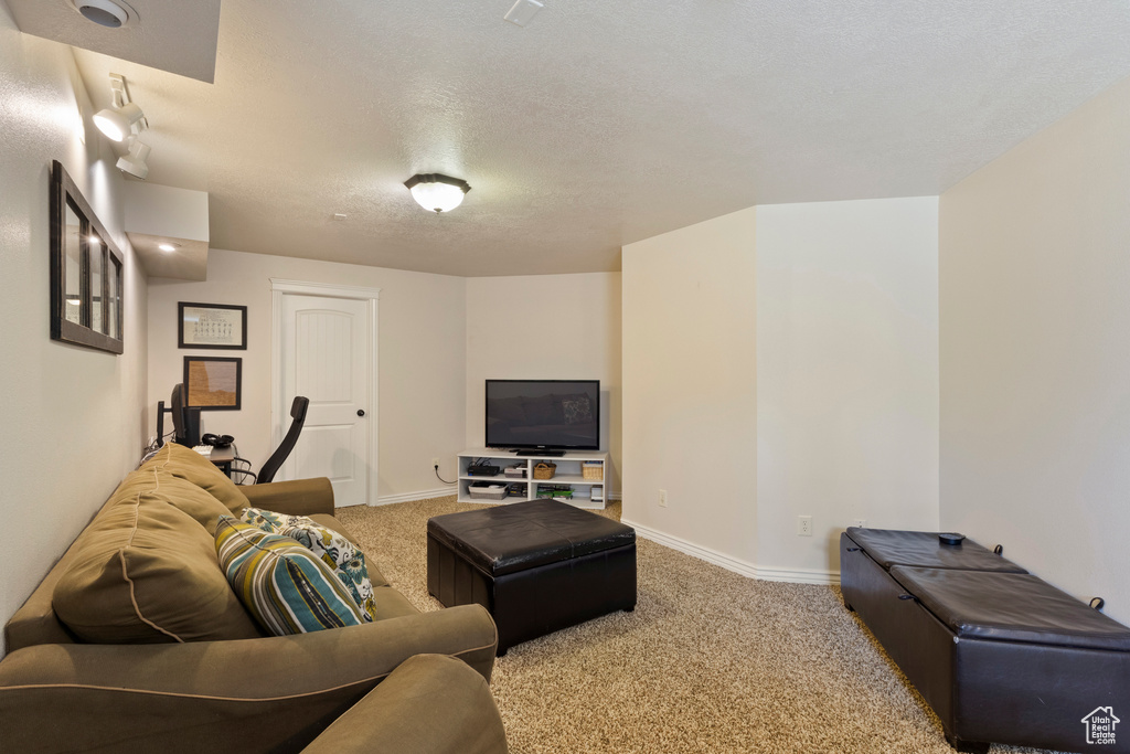 Carpeted living area with baseboards and a textured ceiling