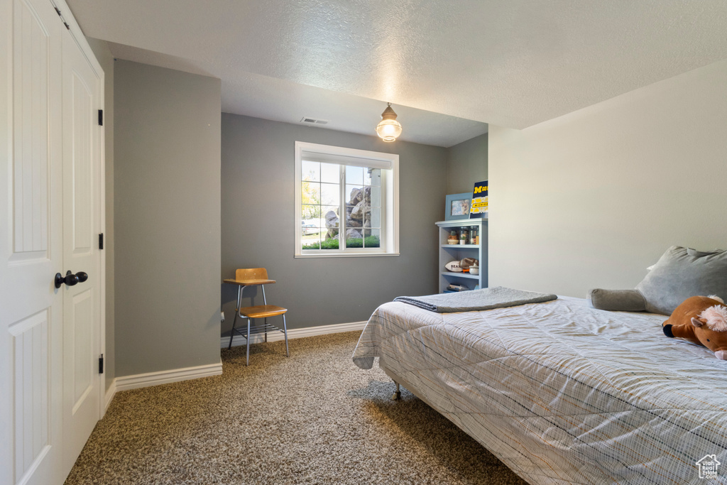 Carpeted bedroom with a textured ceiling, visible vents, and baseboards