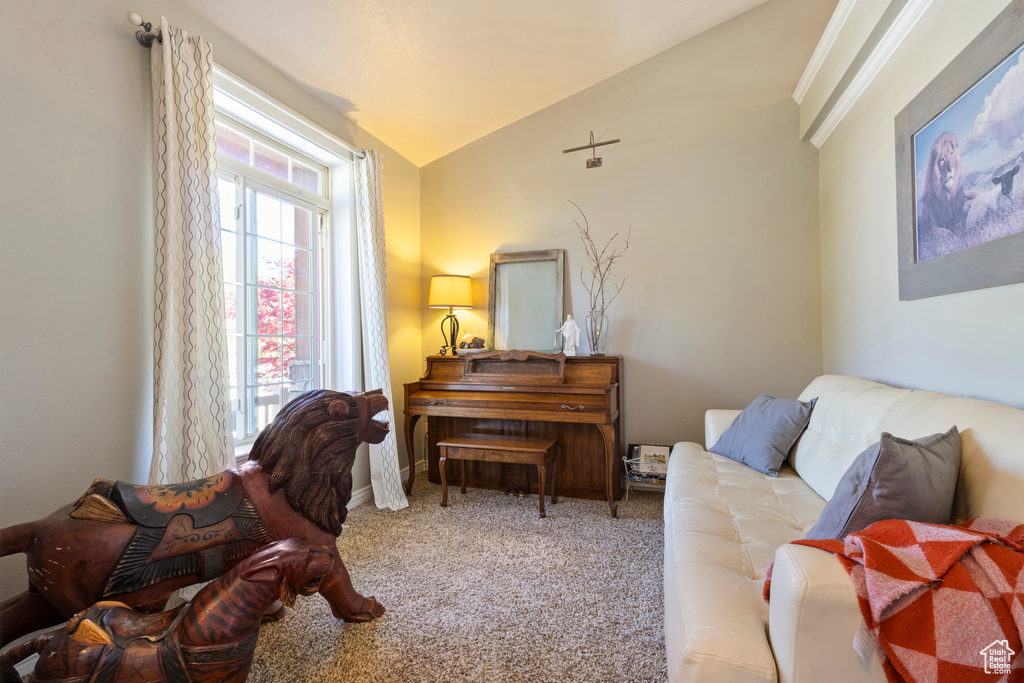 Sitting room featuring carpet flooring and lofted ceiling