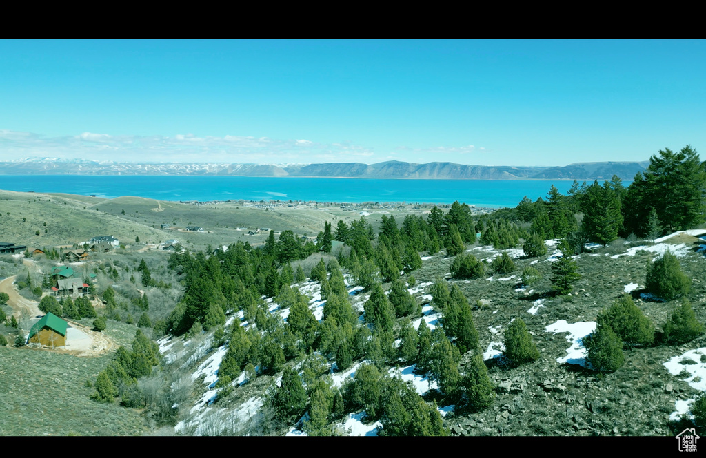 Birds eye view of property with a water and mountain view