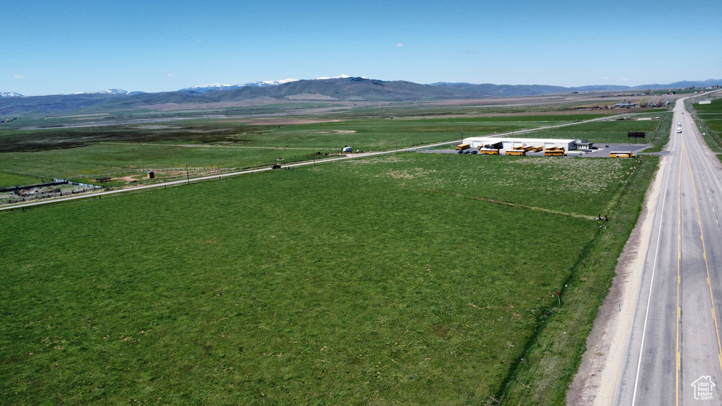 Overview of rural landscape featuring mountains