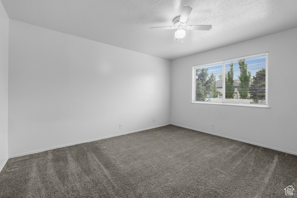 Unfurnished room with a ceiling fan, carpet flooring, and a textured ceiling