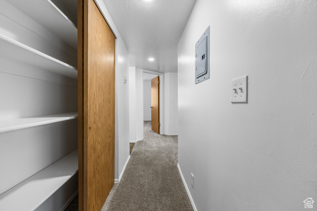 Hallway featuring electric panel, carpet flooring, baseboards, and recessed lighting