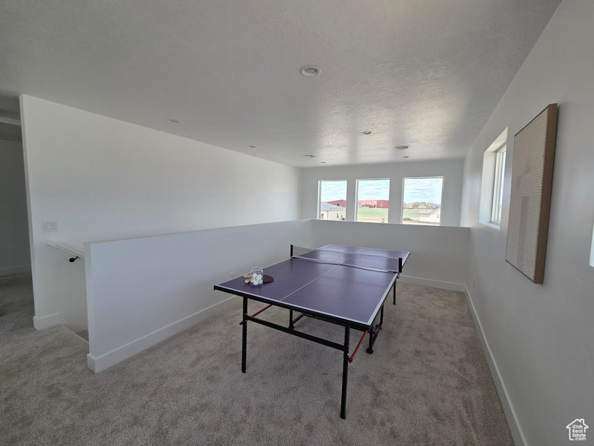 Playroom with baseboards and carpet floors