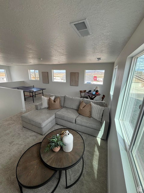 Carpeted living room with a textured ceiling, visible vents, and a healthy amount of sunlight