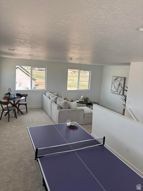 Recreation room featuring a wealth of natural light, light carpet, and a textured ceiling