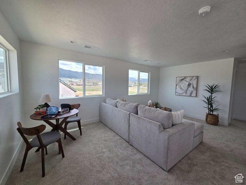 Living room featuring a textured ceiling, baseboards, visible vents, and carpet floors