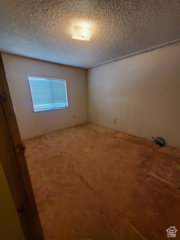 Unfurnished room with a textured ceiling and carpet