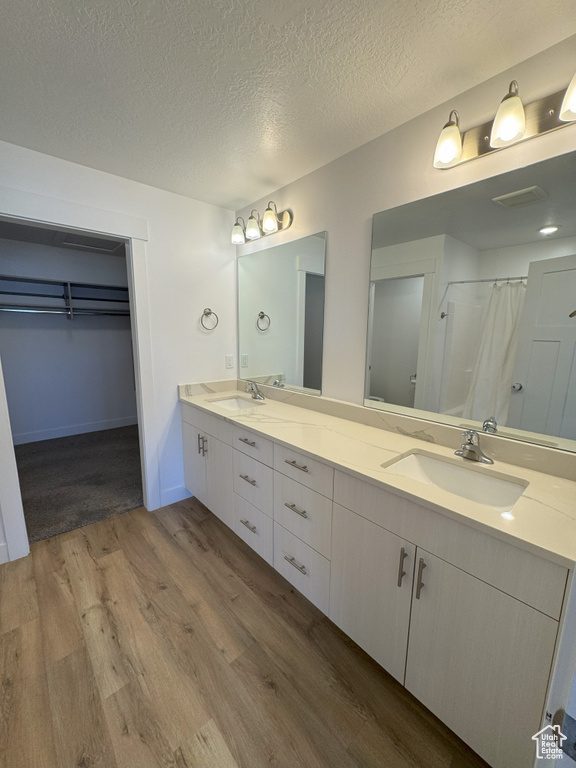Full bath with double vanity, wood finished floors, a spacious closet, and a sink