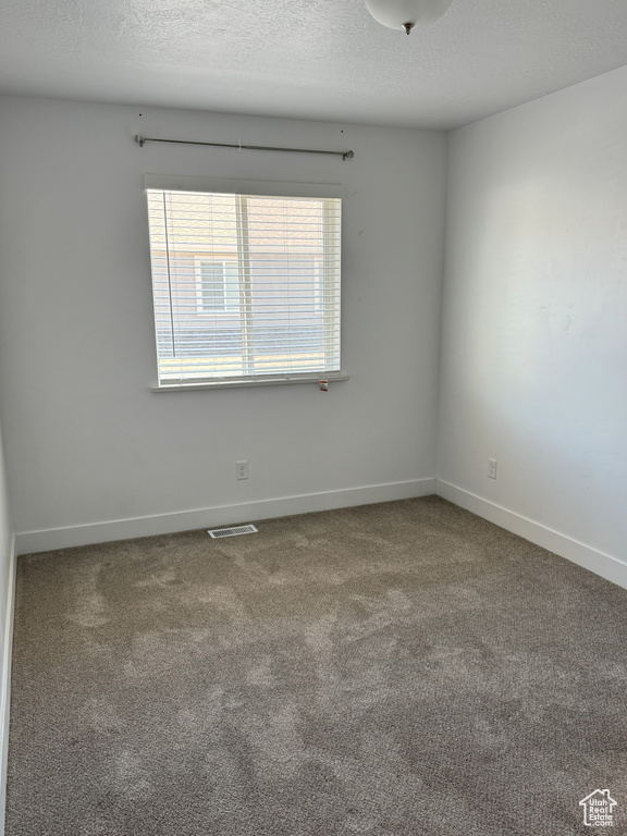 Carpeted spare room featuring baseboards, visible vents, and a textured ceiling