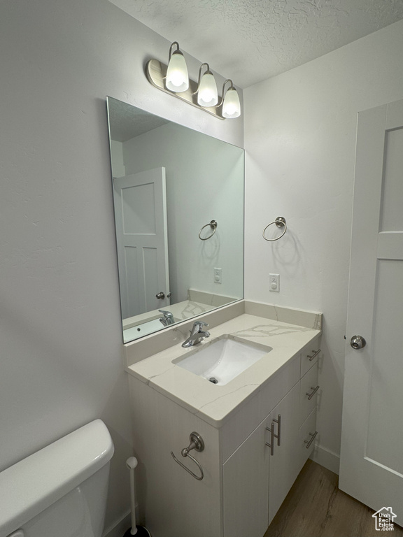 Bathroom featuring vanity, a textured ceiling, wood finished floors, and toilet